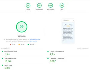 99 Leistungspunkte bei PageSpeed für unsere mobile Webseitenversion